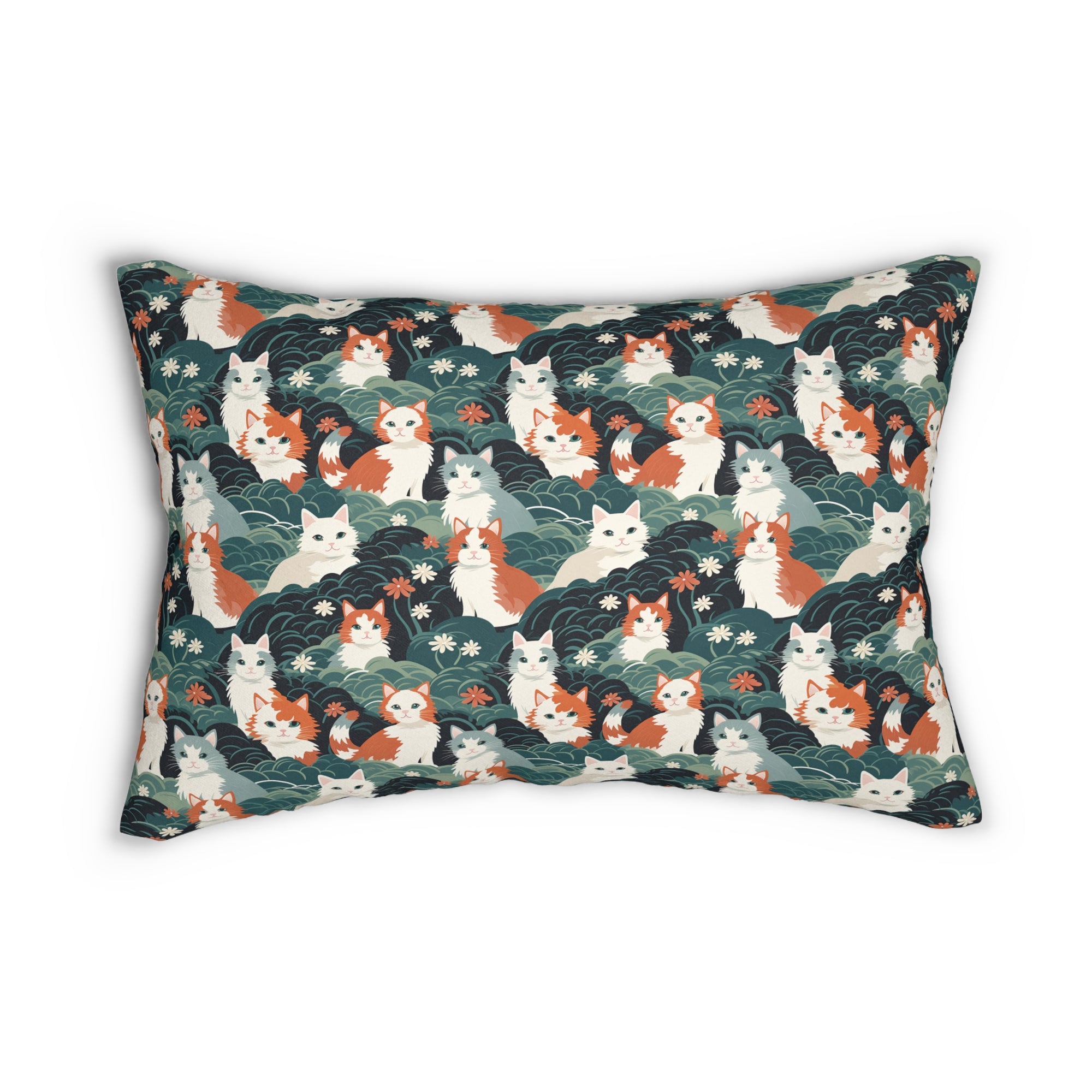 Indoor Lumbar Pillow - A whimsical, fluffy, watercolor depiction of various cats of different colors peeking out from a dense dark blue and green bush with white flowers.