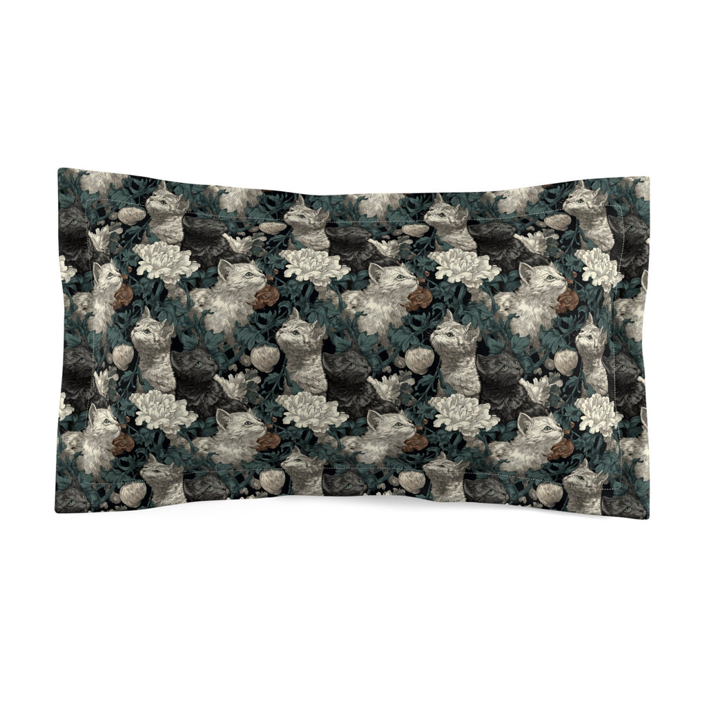 Pillow Sham - Grey and White Kittens with Creamy White Flowers and Dark Green Foliage, Elegant Vintage Vibe