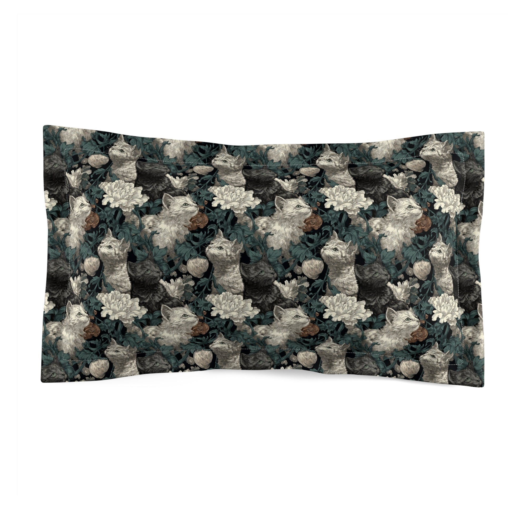 Pillow Sham - Grey and White Kittens with Creamy White Flowers and Dark Green Foliage, Elegant Vintage Vibe