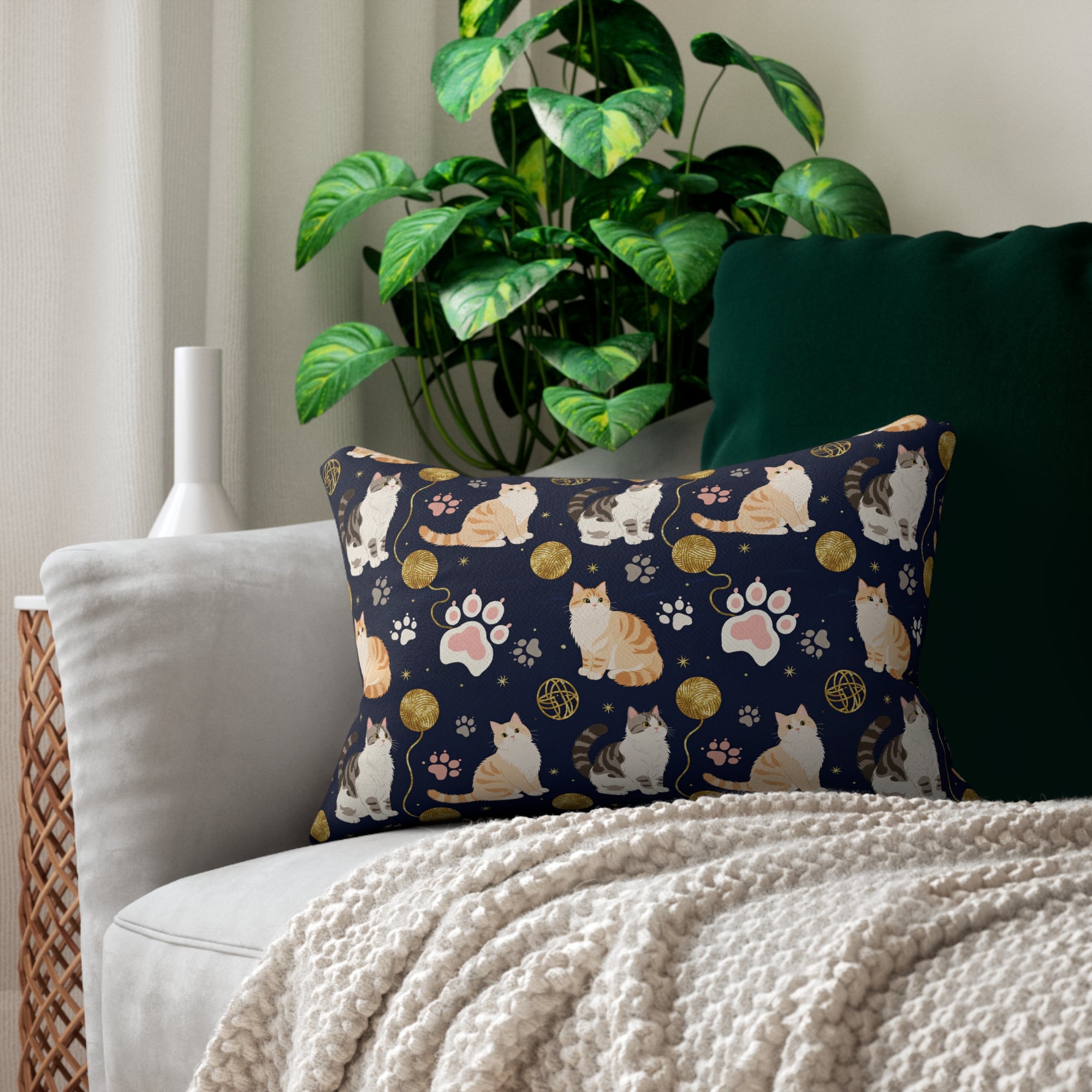 Indoor Lumbar Pillow - Charming cats and golden yarn playful design, cute kittens with paw prints, whimsical animal art for cat lovers, dark blue background, delightful pet themed illustration