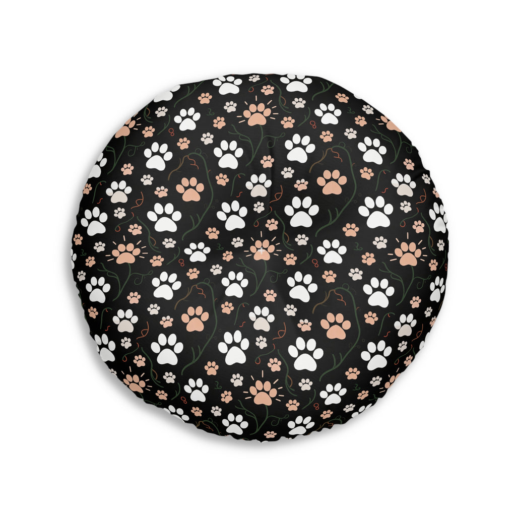 Indoor Round Floor Pillow - A dark and fantastical illustrative painting of many different cats and plants, creating a dense, mysterious, and golden jungle or forest scene.