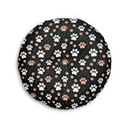 Indoor Round Floor Pillow - A dark and fantastical illustrative painting of many different cats and plants, creating a dense, mysterious, and golden jungle or forest scene.