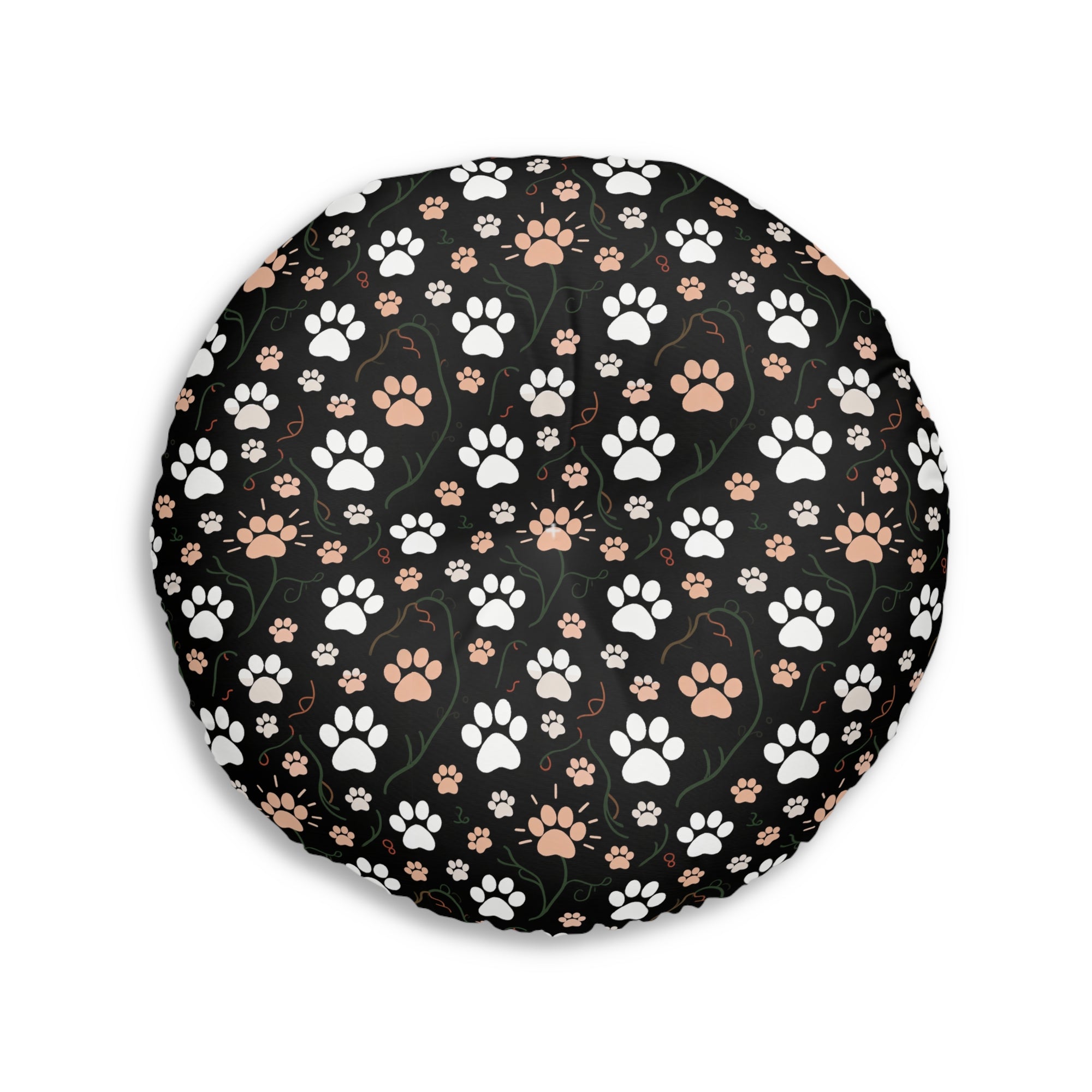 Indoor Round Floor Pillow - A dark and fantastical illustrative painting of many different cats and plants, creating a dense, mysterious, and golden jungle or forest scene.