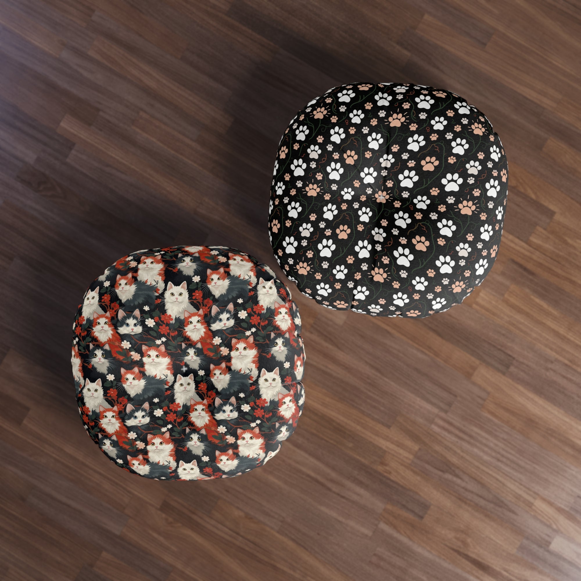 Indoor Round Floor Pillow - A detailed and ornate Victorian-style pattern featuring a tight grouping of fluffy cats of various colors surrounded by black and red flowers and leaves.