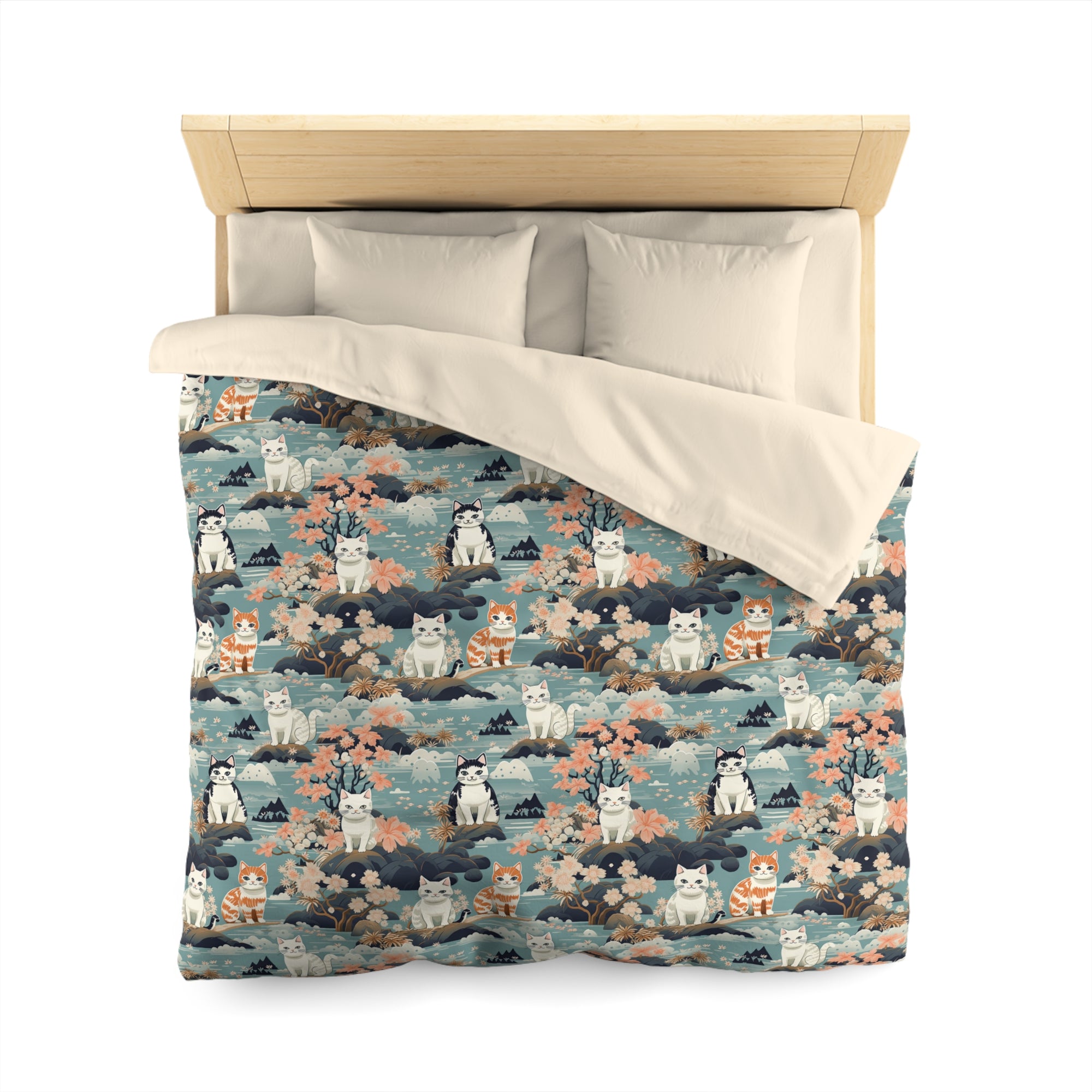 Duvet Cover - A serene watercolor painting of fluffy cats lounging on rocks, surrounded by cherry blossoms and blue water, in a tranquil, nature-filled, Japanese-inspired landscape.