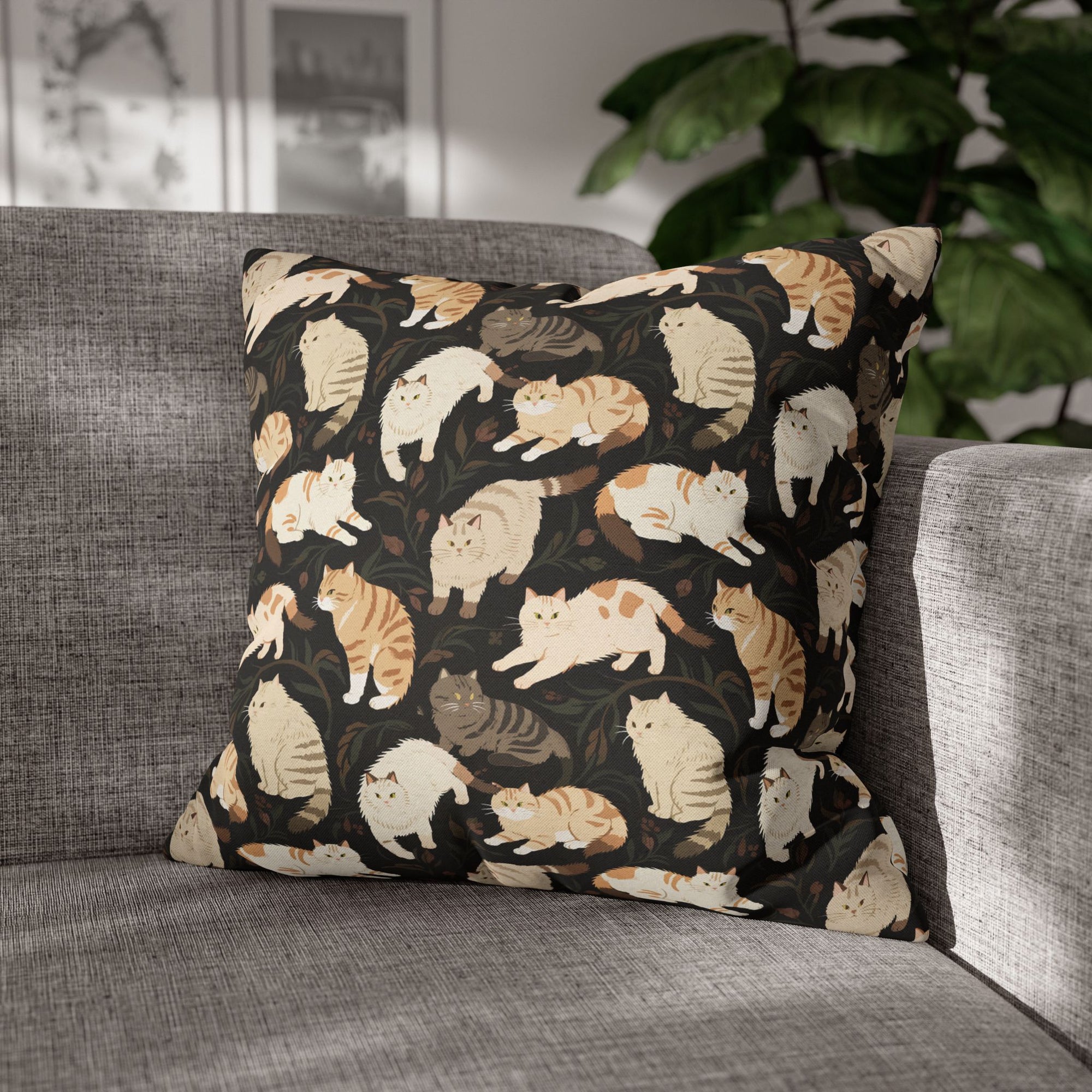 Square Pillowcase - Earthy Toned Cats Lounge and Play Amidst Dark Foliage in a Serene and Naturally Inspired Seamless Pattern Design