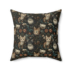 Indoor Square Pillow - Brown Tabby Kittens Among Dark Green and Peach Floral Vines, Moody Vintage Style