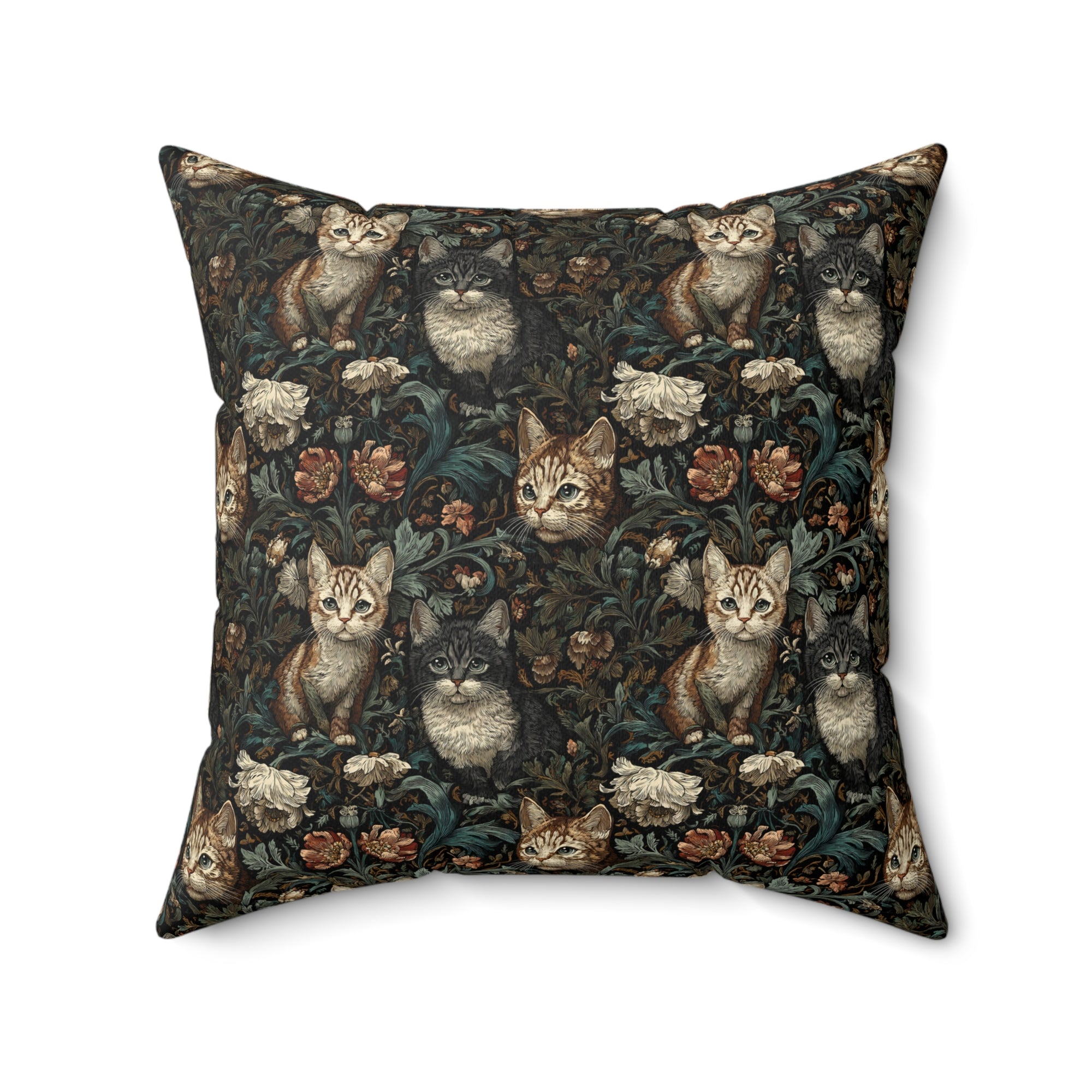 Indoor Square Pillow - Brown Tabby Kittens Among Dark Green and Peach Floral Vines, Moody Vintage Style