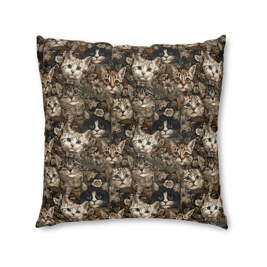 Indoor Square Floor Pillow - An intricate and detailed vintage illustration featuring a close-up of various fluffy cats with bright eyes amidst lush, ornate floral foliage in sepia tones.