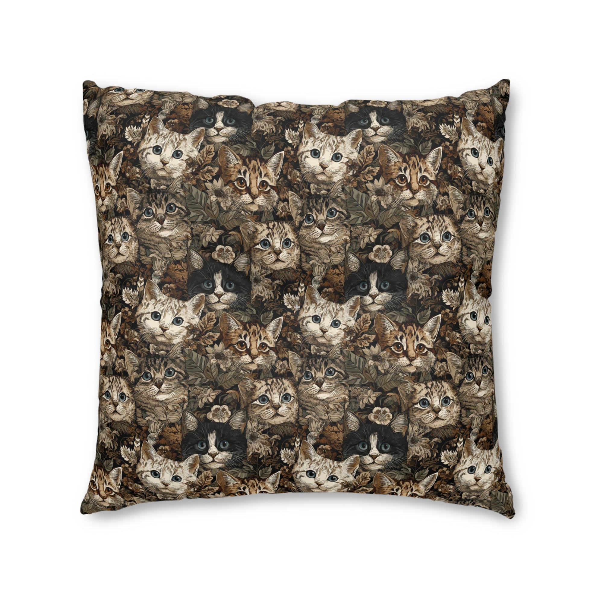 Indoor Square Floor Pillow - An intricate and detailed vintage illustration featuring a close-up of various fluffy cats with bright eyes amidst lush, ornate floral foliage in sepia tones.