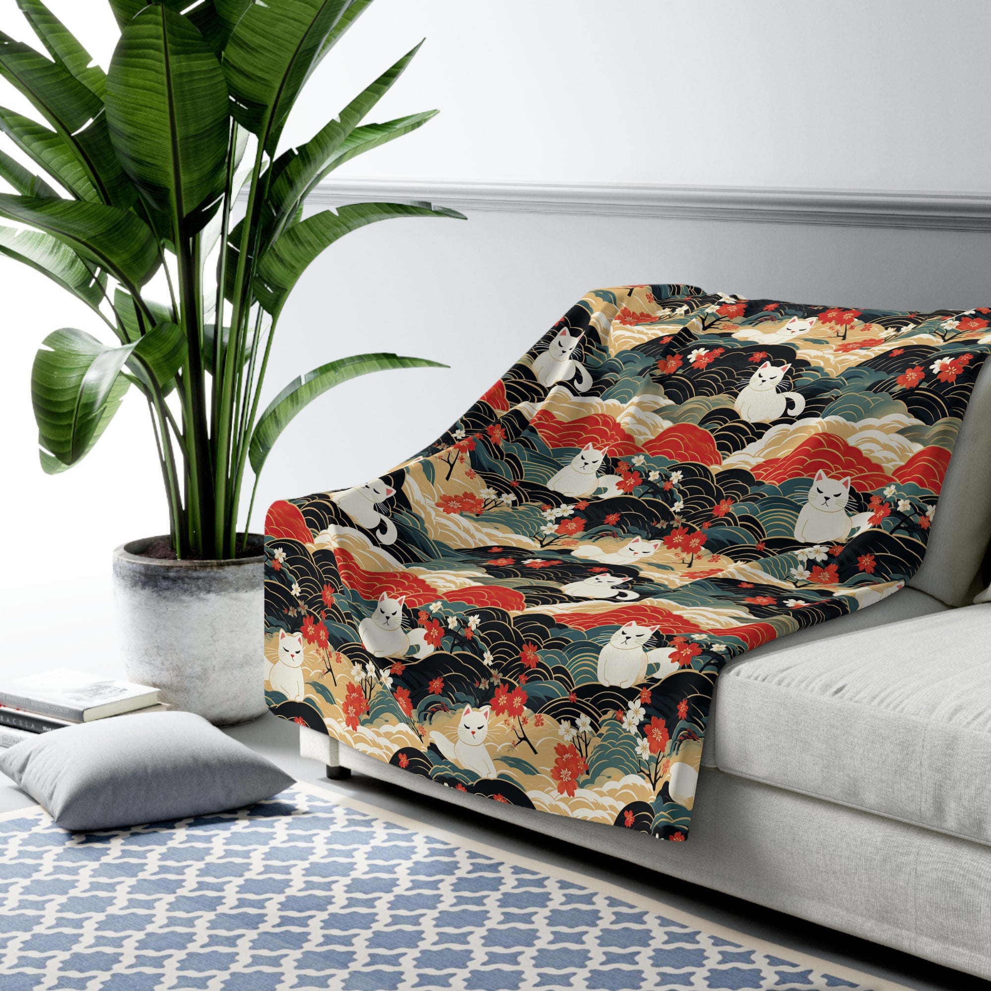 Sherpa Blanket - A beautiful, Japanese-inspired illustration of tranquil white cats resting on rolling clouds with vibrant red and white cherry blossoms.