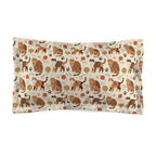 Pillow Sham - Artistic patterned cats in warm earth tones, unique tribal and folk art designs, playful felines with yarn and paw prints, bohemian animal print, cream background, creative cat art