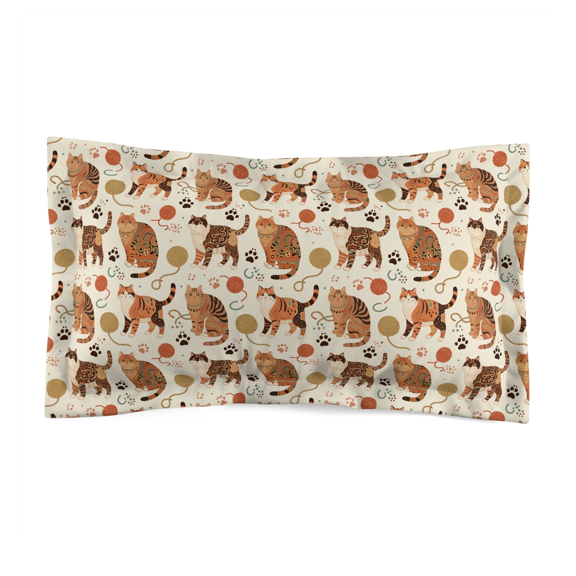 Pillow Sham - Artistic patterned cats in warm earth tones, unique tribal and folk art designs, playful felines with yarn and paw prints, bohemian animal print, cream background, creative cat art