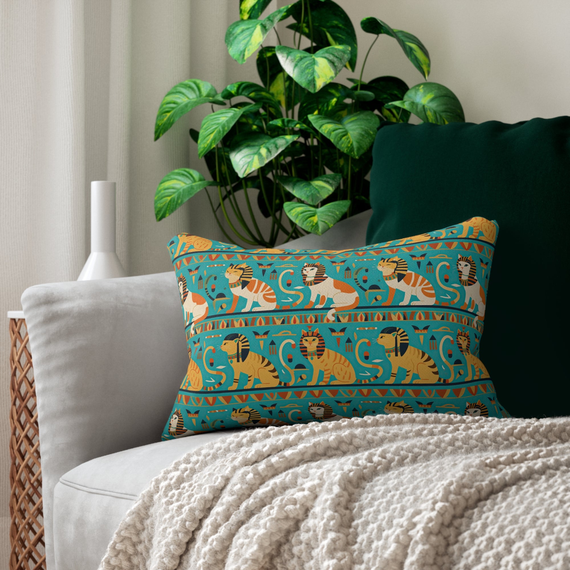 Indoor Lumbar Pillow - Horizontal Stripes of Golden Egyptian Cats and Intricate Hieroglyphs Form a Repeating and Historically Themed Border Pattern