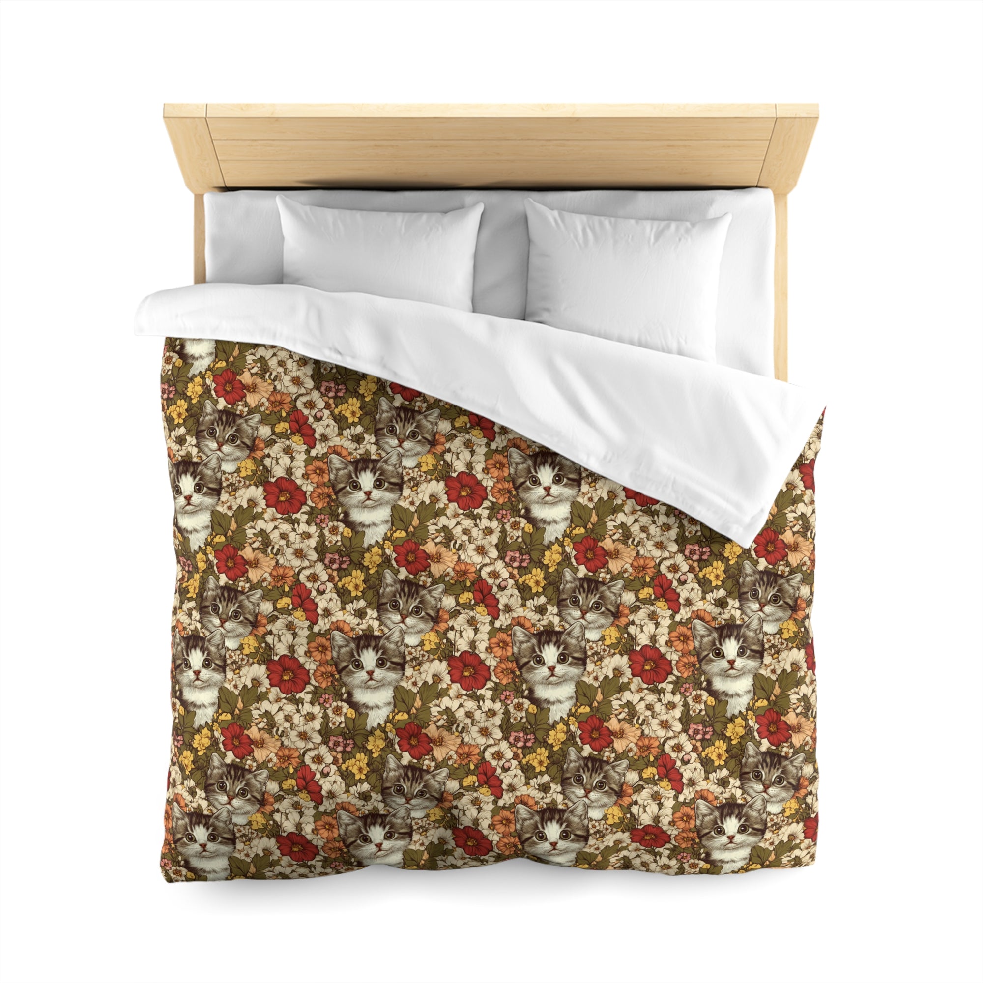 Duvet Cover - Grey Tabby Kittens in a Garden of Red, Peach, and Yellow Flowers, Soft Vintage Style