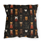 Outdoor Pillow - A striking and sophisticated Art Deco-style pattern of felines with bold, intricate lines and dramatic geometric shapes, all rendered in a unique gold and gray color palette.