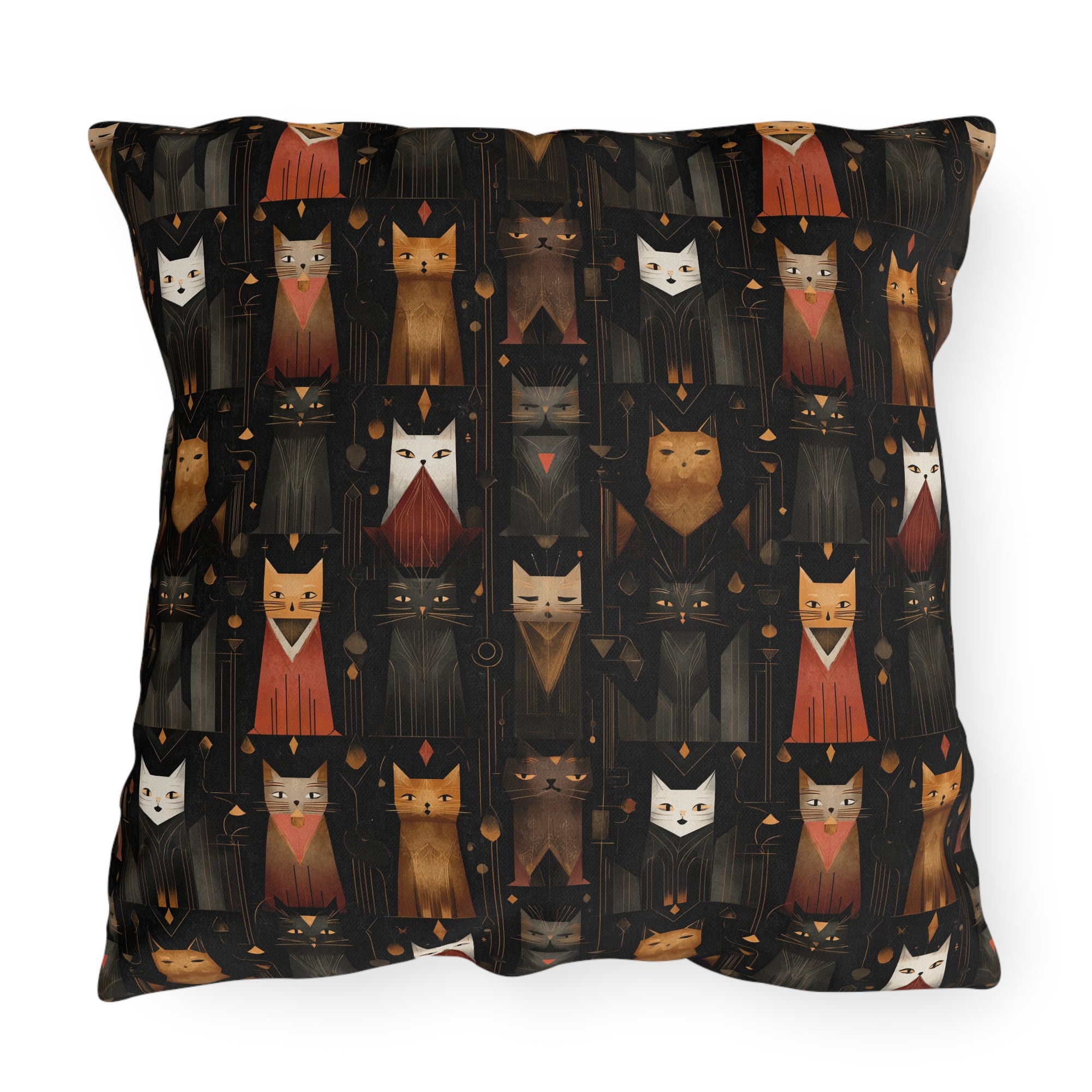 Outdoor Pillow - A striking and sophisticated Art Deco-style pattern of felines with bold, intricate lines and dramatic geometric shapes, all rendered in a unique gold and gray color palette.