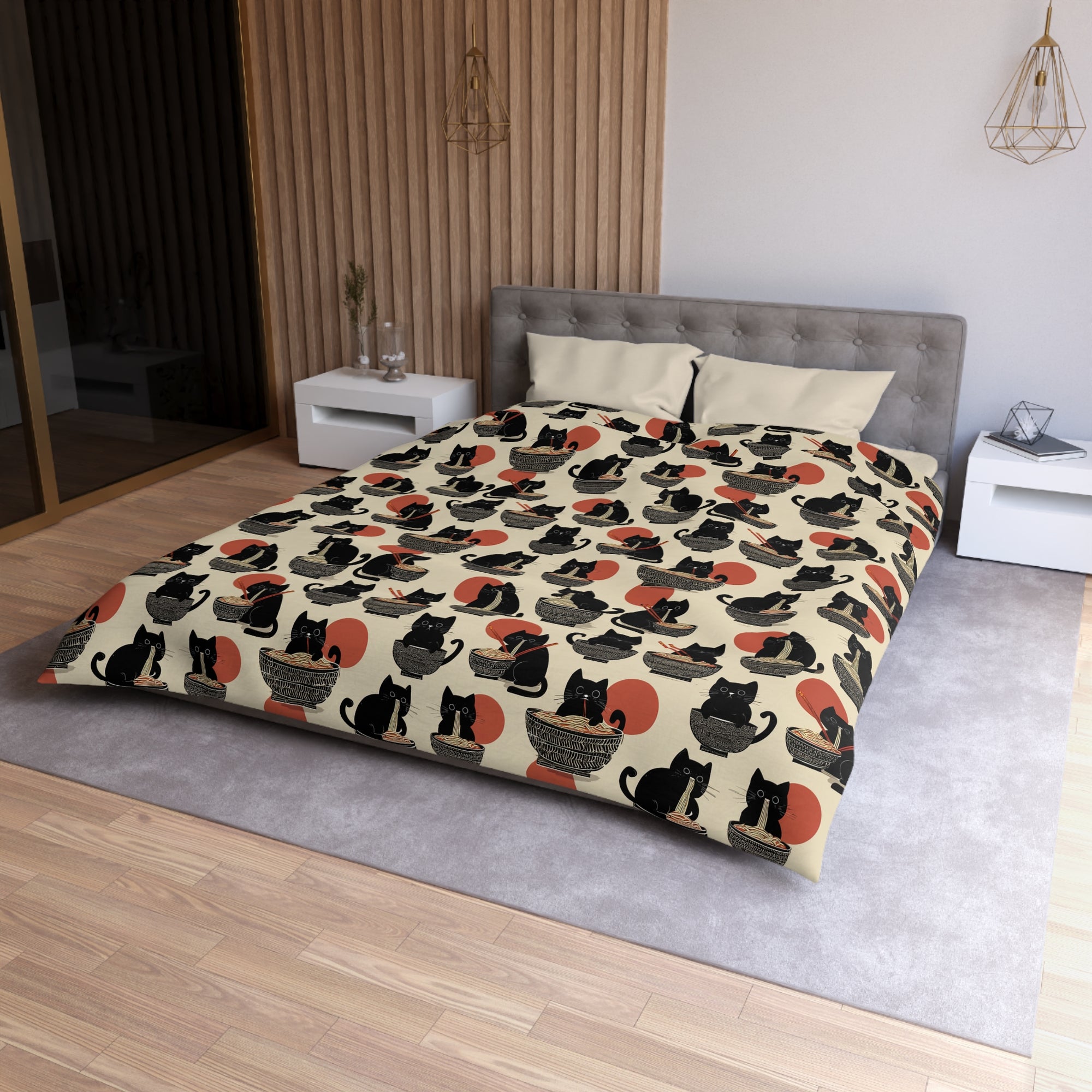 Duvet Cover - A whimsical and delightful hand-drawn style pattern of adorable black cats eating bowls of delicious ramen noodles with a large red sun in the background.