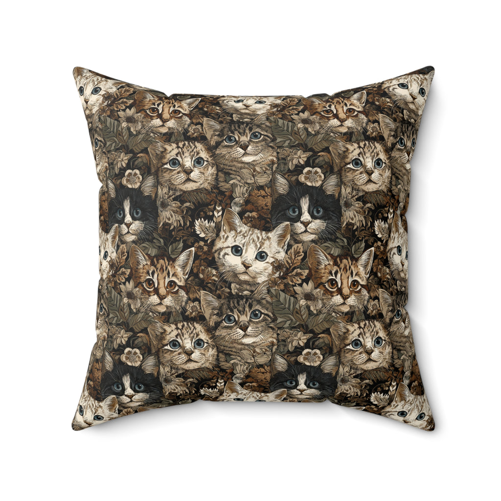 Indoor Square Pillow - An intricate and detailed vintage illustration featuring a close-up of various fluffy cats with bright eyes amidst lush, ornate floral foliage in sepia tones.