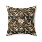 Indoor Square Pillow - An intricate and detailed vintage illustration featuring a close-up of various fluffy cats with bright eyes amidst lush, ornate floral foliage in sepia tones.
