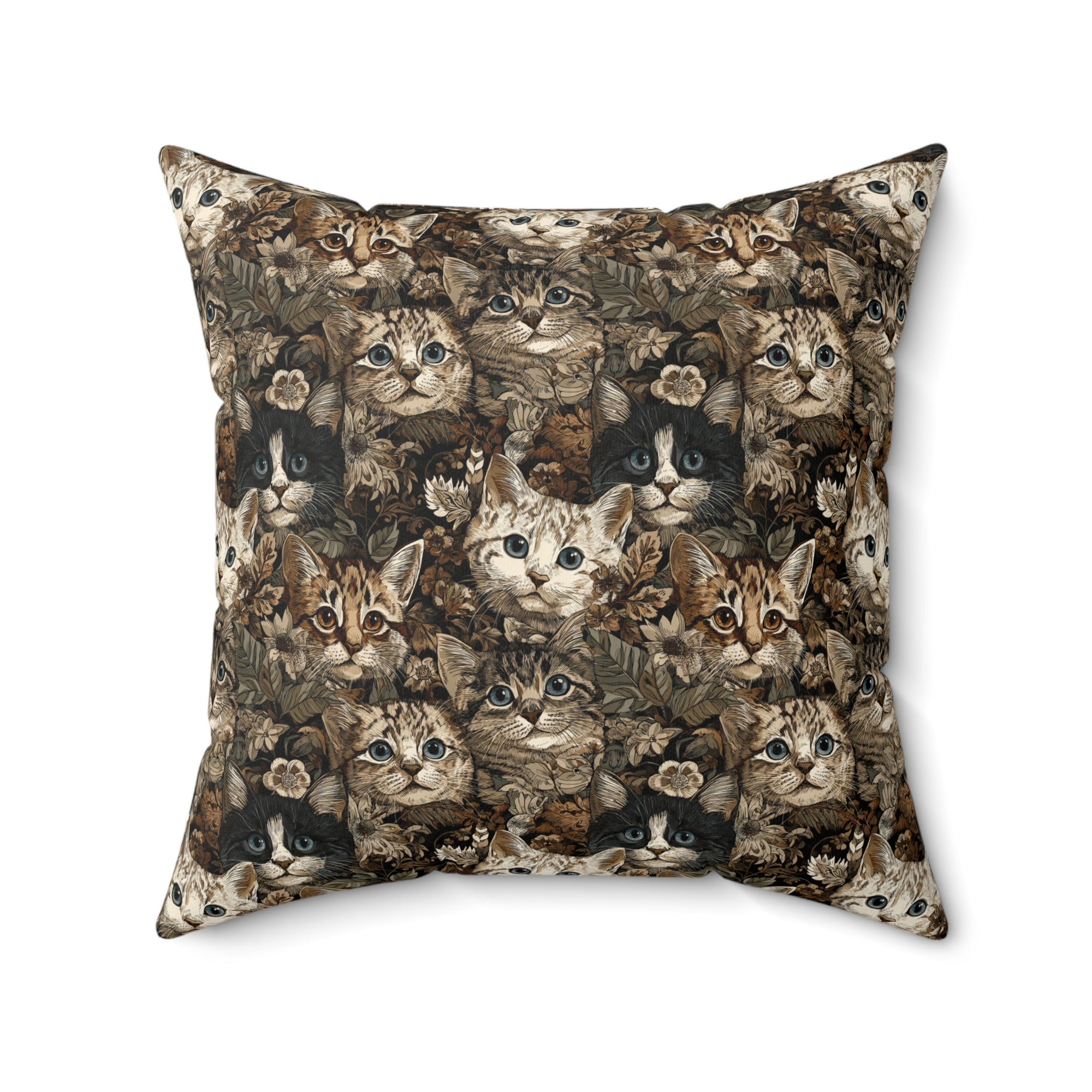 Indoor Square Pillow - An intricate and detailed vintage illustration featuring a close-up of various fluffy cats with bright eyes amidst lush, ornate floral foliage in sepia tones.