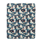 Sherpa Blanket - A lovely, playful, Japanese-inspired illustration of sweet white cats sitting on rolling blue waves with red and white flowers and gentle clouds.