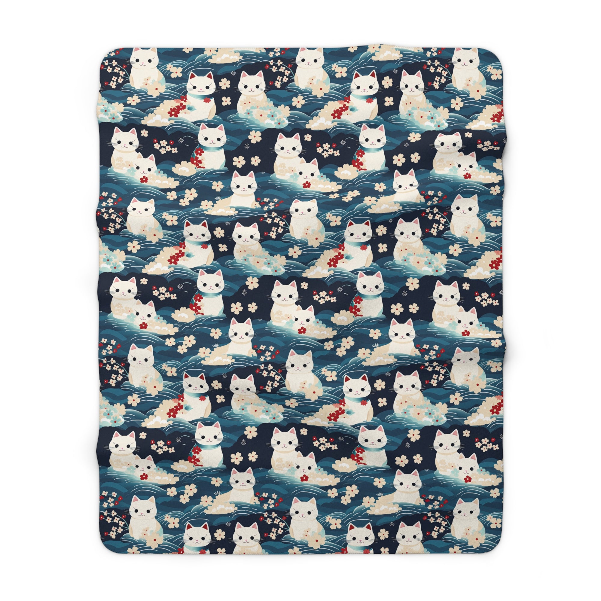 Sherpa Blanket - A lovely, playful, Japanese-inspired illustration of sweet white cats sitting on rolling blue waves with red and white flowers and gentle clouds.