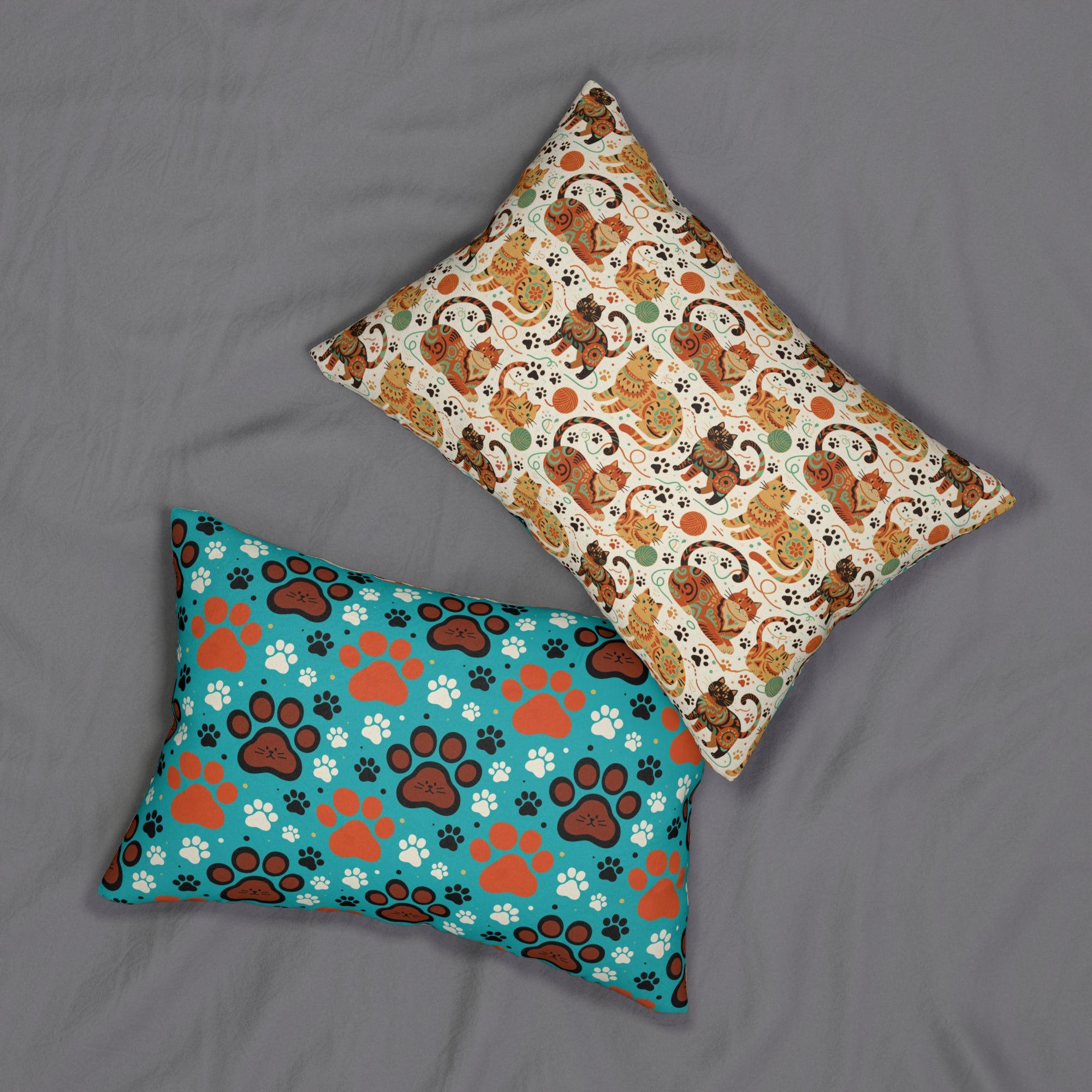 Indoor Lumbar Pillow - Colorful folk art patterned cats, vibrant orange and teal hues, playful felines with yarn and paw prints, bohemian animal illustration, cream background, artistic and cheerful design