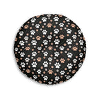 Indoor Round Floor Pillow - A detailed and ornate Victorian-style pattern featuring a tight grouping of fluffy cats of various colors surrounded by black and red flowers and leaves.