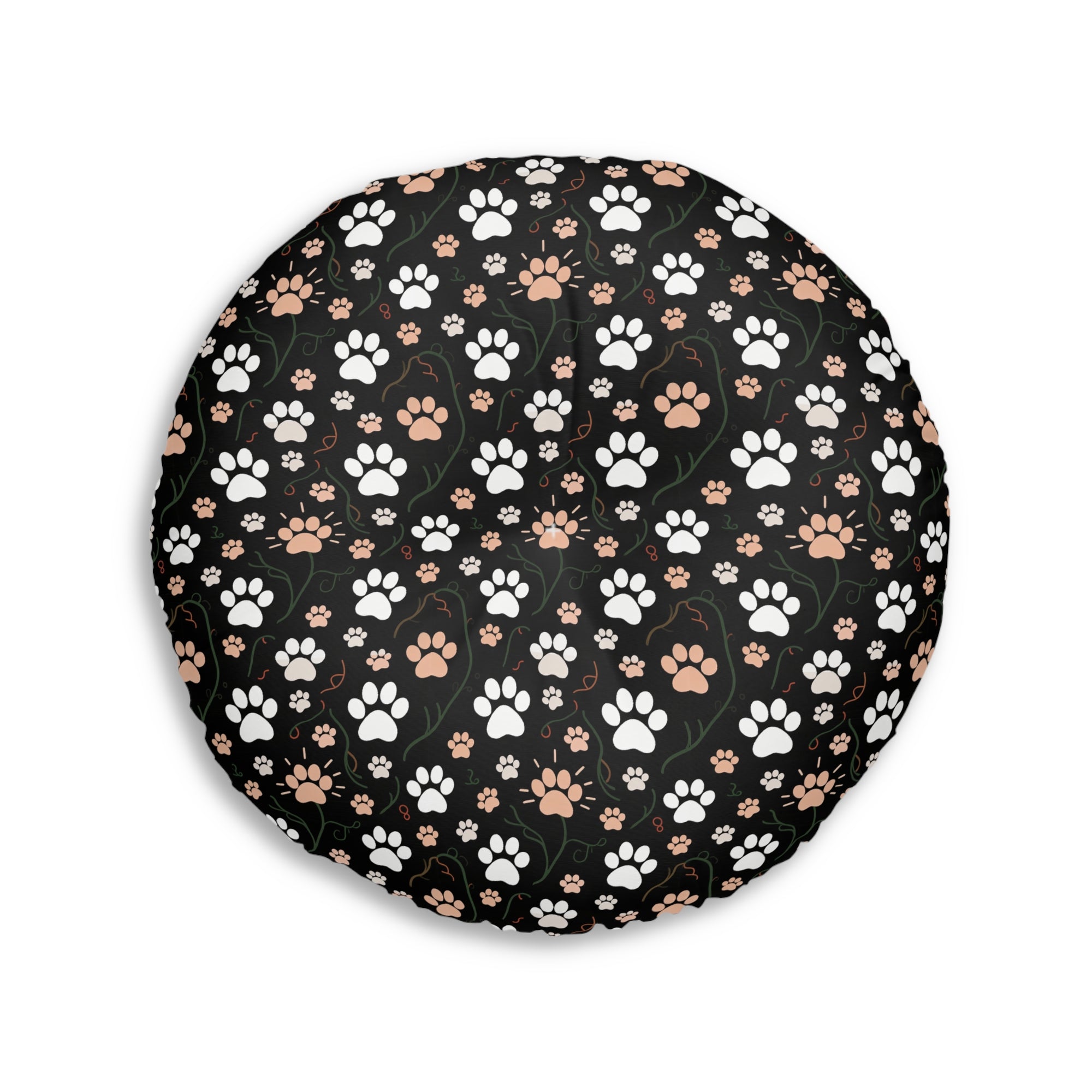 Indoor Round Floor Pillow - A detailed and ornate Victorian-style pattern featuring a tight grouping of fluffy cats of various colors surrounded by black and red flowers and leaves.
