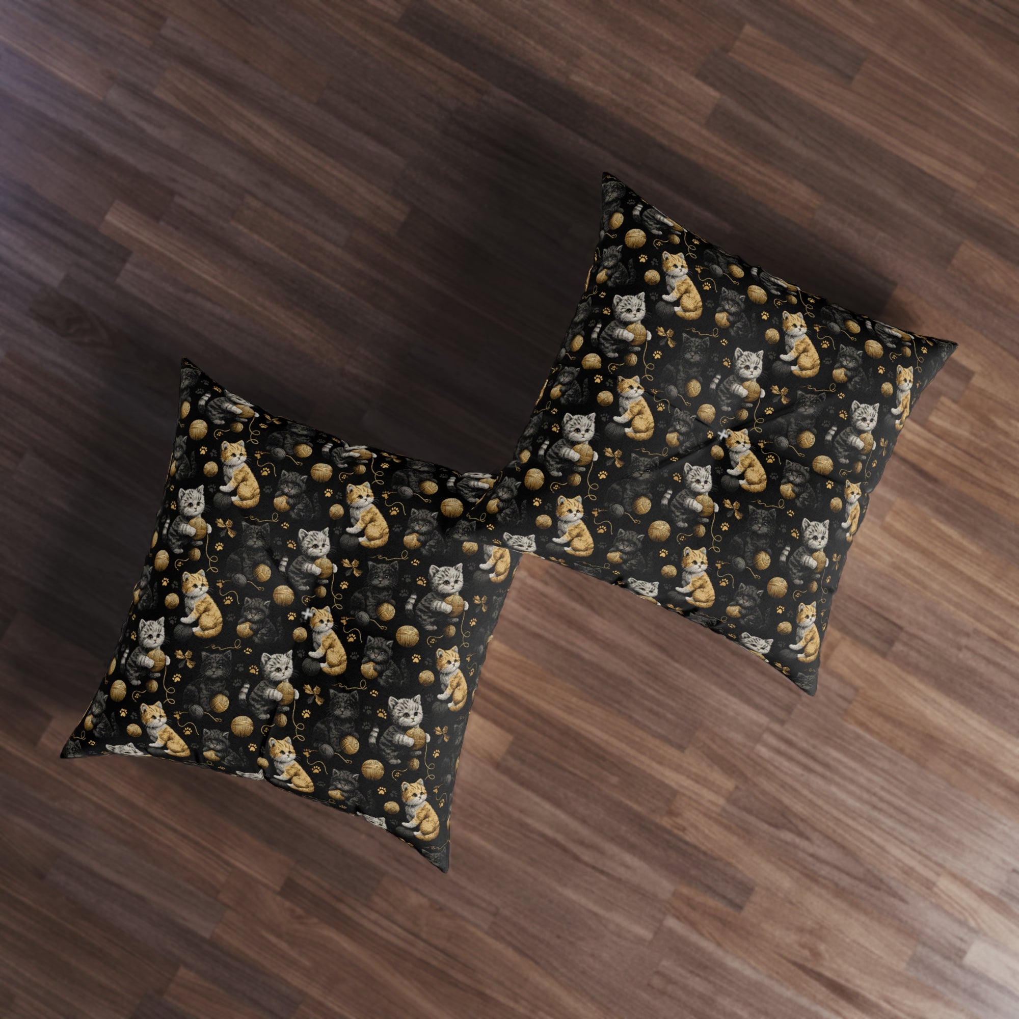 Indoor Square Floor Pillow - Assorted Cute Kittens with Colorful Yarn Balls and Paw Prints on a Black Backdrop