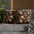 Square Pillowcase - A dark and fantastical illustrative painting of many different cats and plants, creating a dense, mysterious, and golden jungle or forest scene.