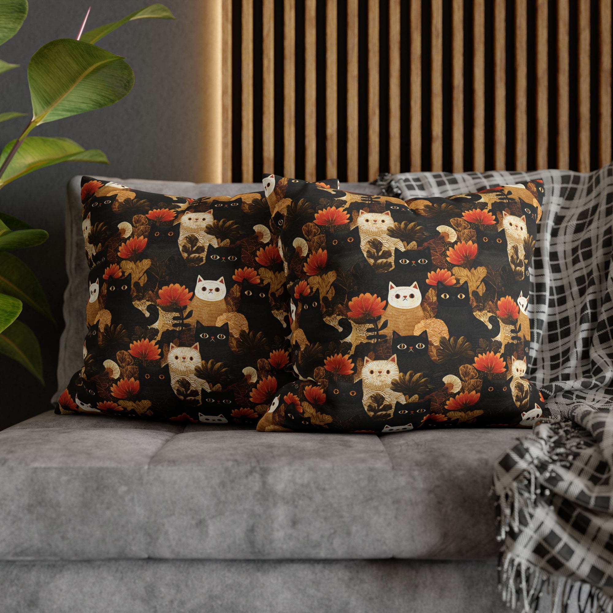 Square Pillowcase - A dark and fantastical illustrative painting of many different cats and plants, creating a dense, mysterious, and golden jungle or forest scene.