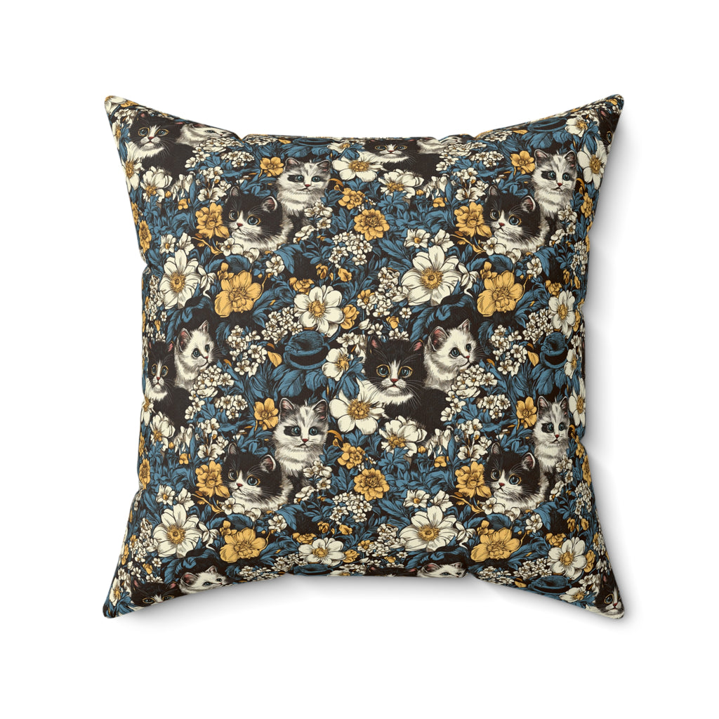 Indoor Square Pillow - Black and White Kittens with Yellow and White Flowers, Dark Blue Leaves, Vintage Charm