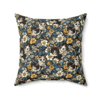 Indoor Square Pillow - Black and White Kittens with Yellow and White Flowers, Dark Blue Leaves, Vintage Charm