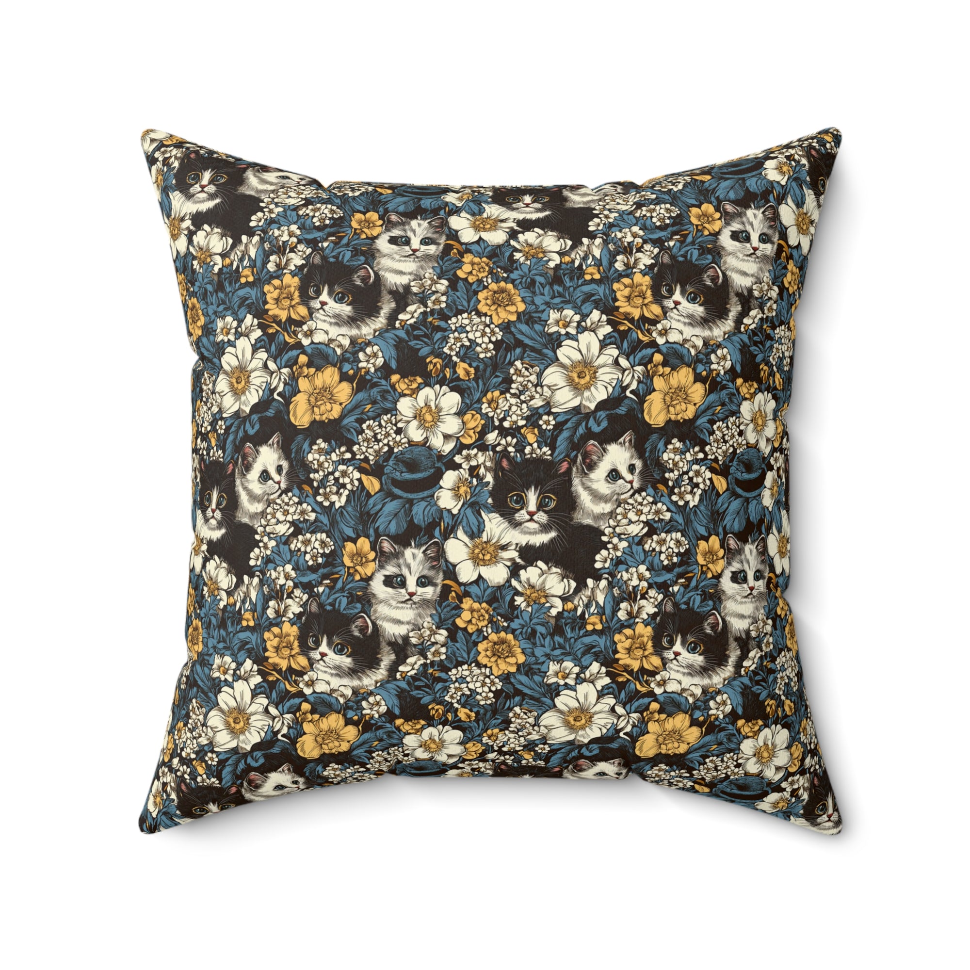 Indoor Square Pillow - Black and White Kittens with Yellow and White Flowers, Dark Blue Leaves, Vintage Charm