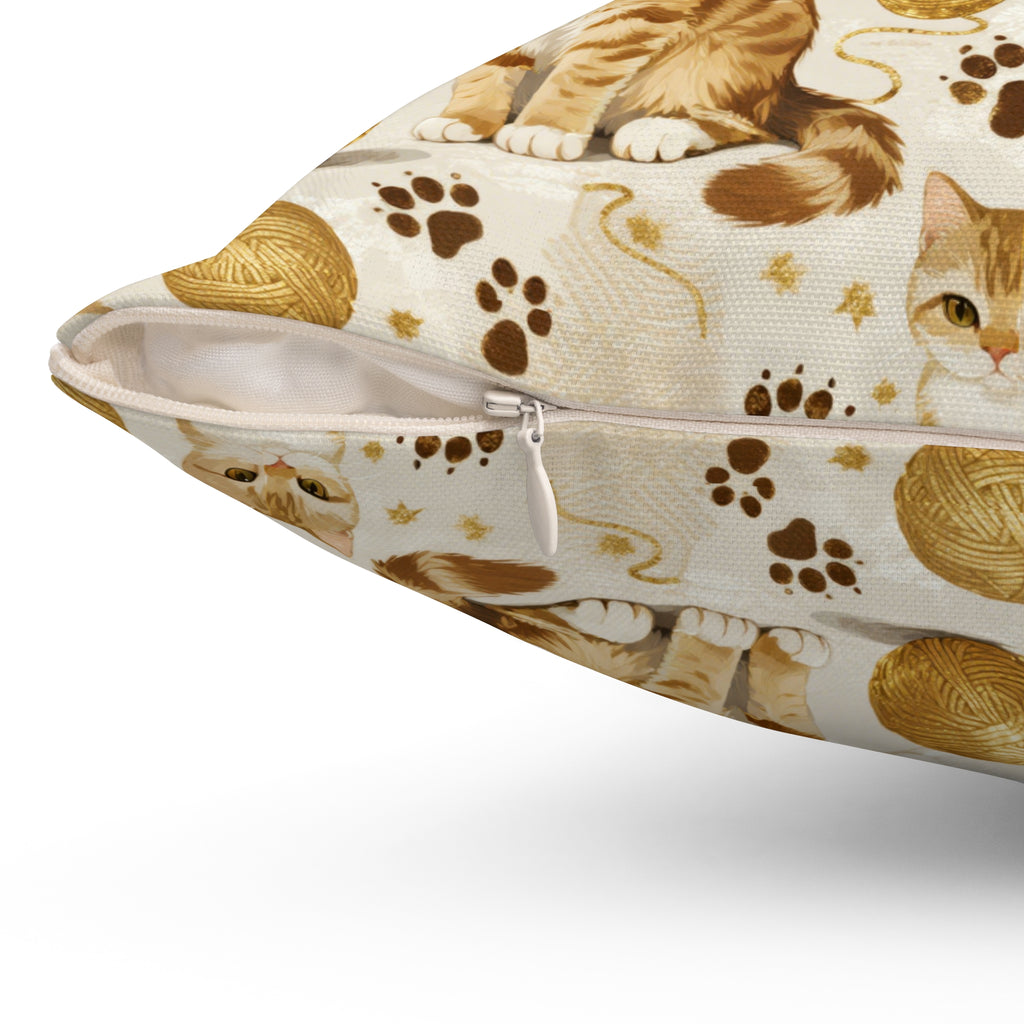 Indoor Square Pillow - Adorable ginger cat with bright green eyes, sparkling gold yarn and paw prints, classic tabby cat illustration, cream background, cute and charming pet themed art