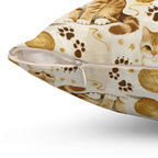 Indoor Square Pillow - Adorable ginger cat with bright green eyes, sparkling gold yarn and paw prints, classic tabby cat illustration, cream background, cute and charming pet themed art