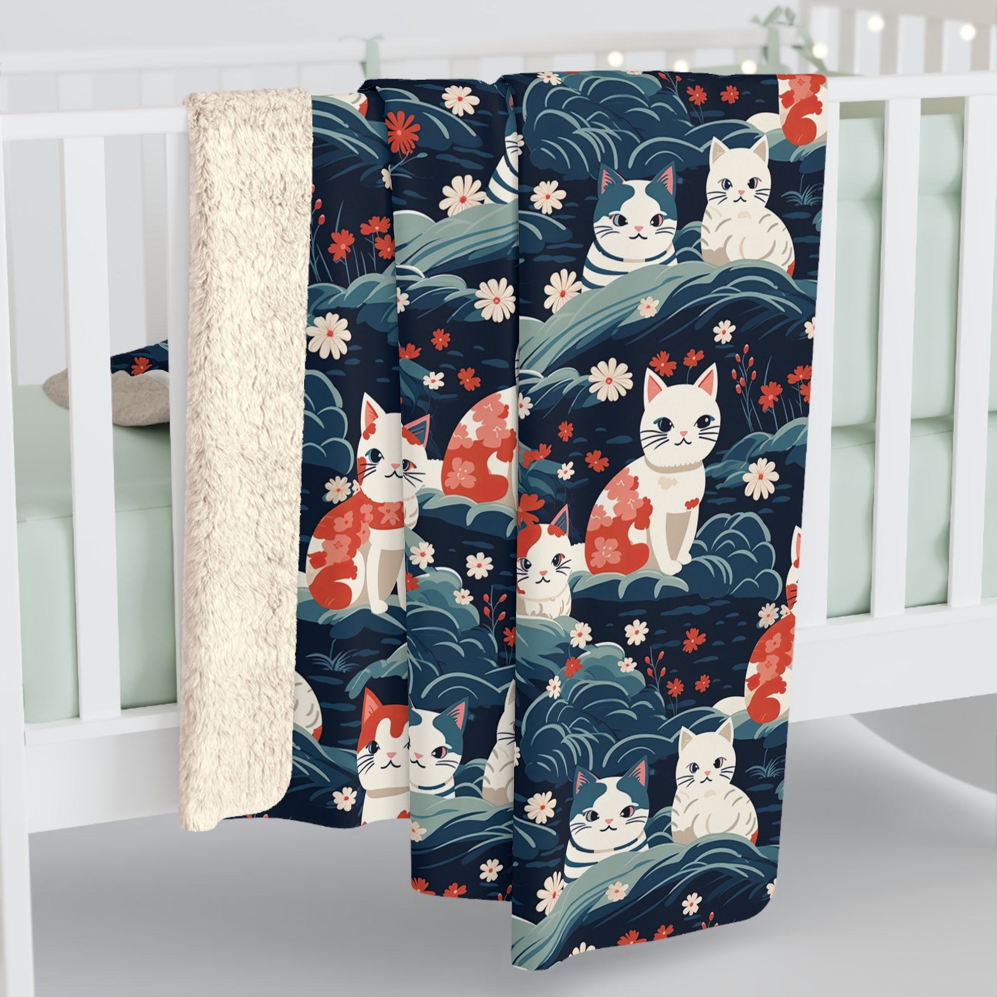 Sherpa Blanket - A serene and sweet Japanese landscape pattern featuring multicolored cats relaxing within a tranquil field of red and white flowers and gentle blue hills.