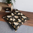 Indoor Square Floor Pillow - Elegant felines and sparkling gold yarn on black, adorable cats with golden paw prints, sophisticated pet motif, charming animal pattern, cozy and warm artistic illustration