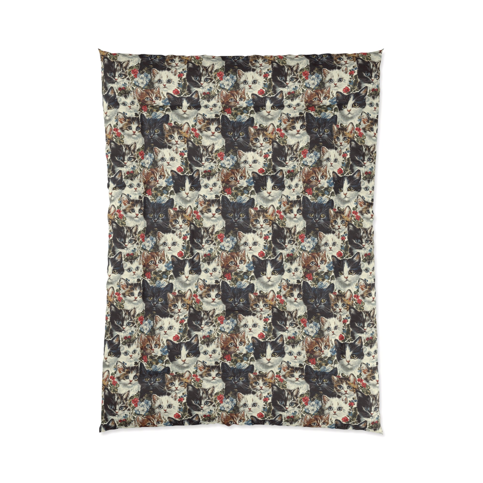 Comforter - Colorful Kitten Faces with Red and Blue Flowers, Whimsical and Bright, Pattern Design