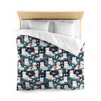Duvet Cover - A lovely, playful, Japanese-inspired illustration of sweet white cats sitting on rolling blue waves with red and white flowers and gentle clouds.
