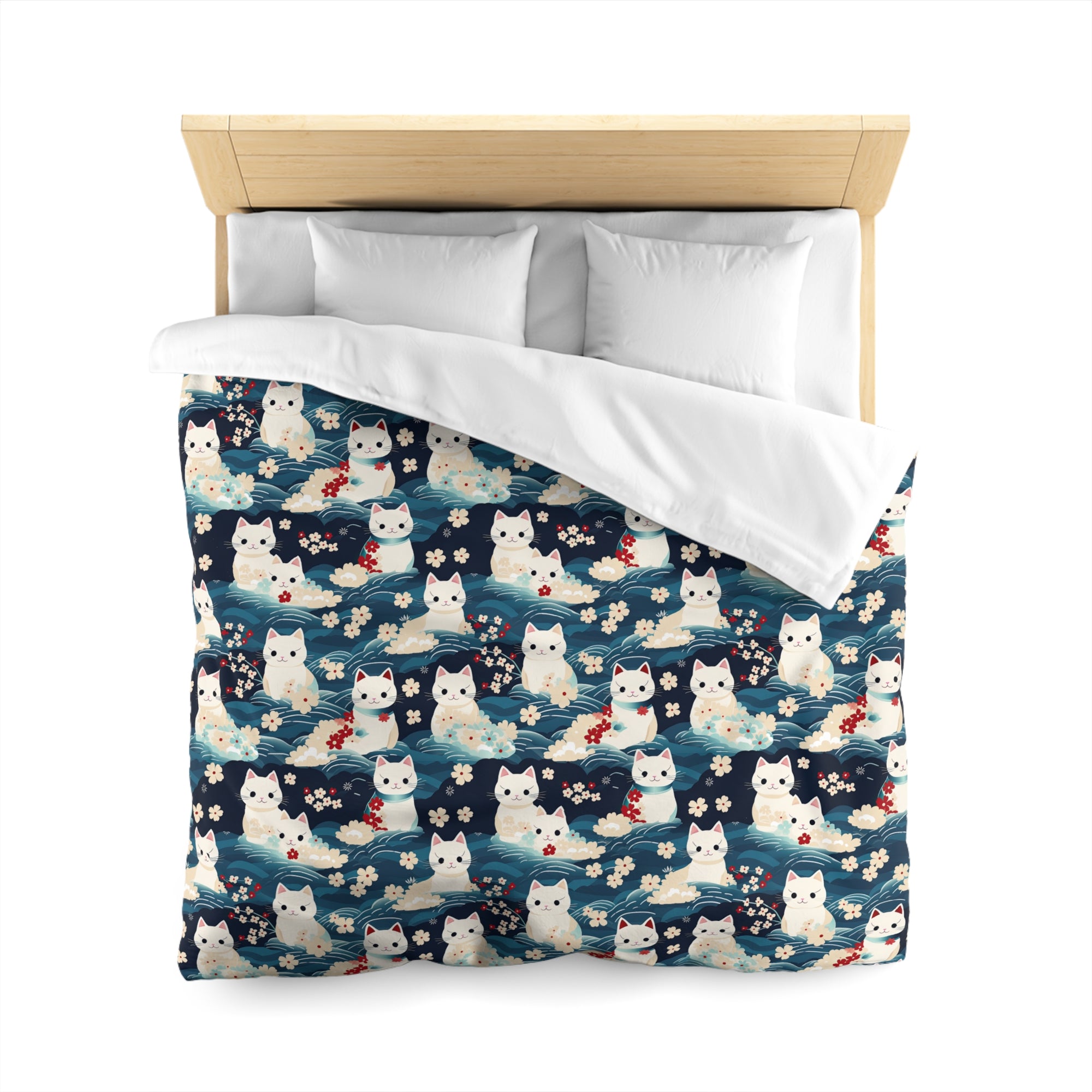 Duvet Cover - A lovely, playful, Japanese-inspired illustration of sweet white cats sitting on rolling blue waves with red and white flowers and gentle clouds.