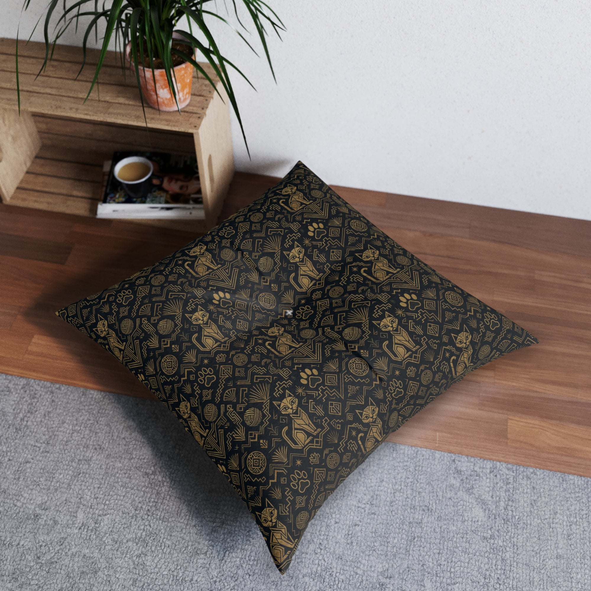 Indoor Square Floor Pillow - Art Deco Inspired Golden Cat Silhouettes and Geometric Patterns Create a Sophisticated and Stylized Modern Design