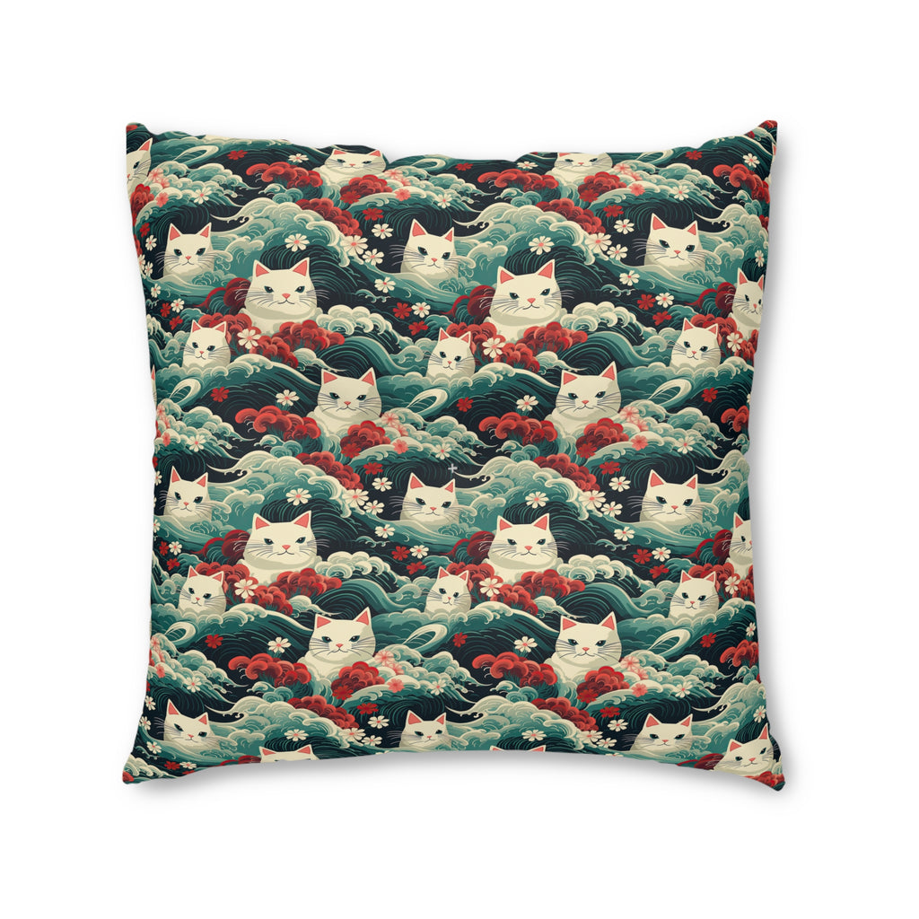 Indoor Square Floor Pillow - A dramatic and powerful Japanese woodblock print-style illustration of cats amidst powerful waves, red flowers, and white cherry blossoms.