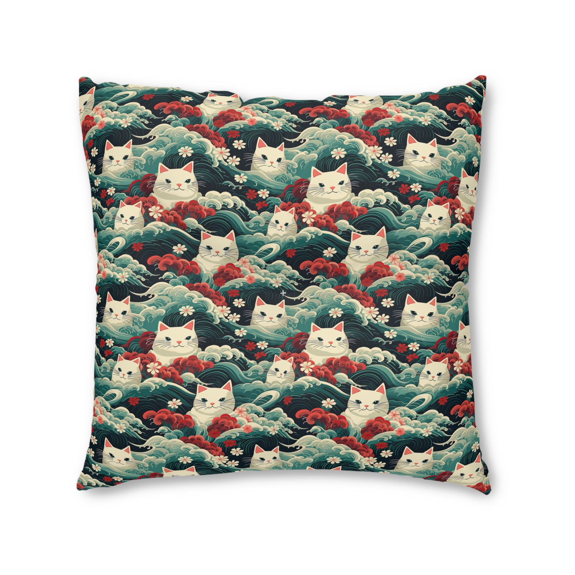 Indoor Square Floor Pillow - A dramatic and powerful Japanese woodblock print-style illustration of cats amidst powerful waves, red flowers, and white cherry blossoms.