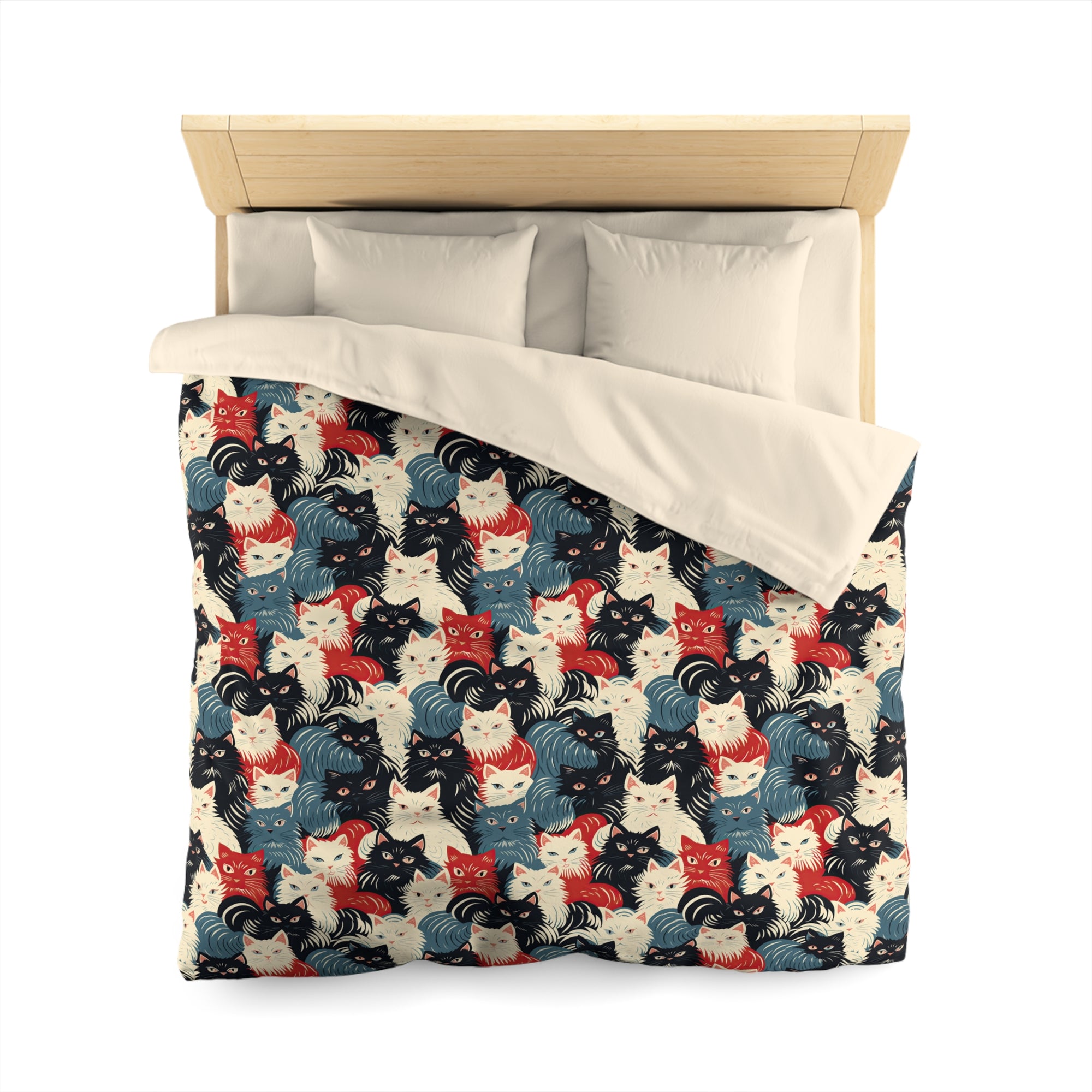 Duvet Cover - A bold and graphic pop art style illustration featuring a tight-knit cluster of various fluffy felines in black, white, red, and blue.