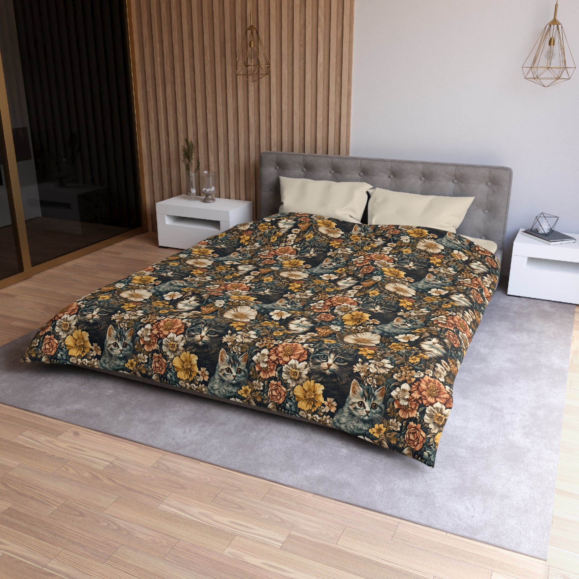 Duvet Cover - Grey Tabby Kittens Among Yellow and Peach Flowers, Moody Vintage Botanical Illustration