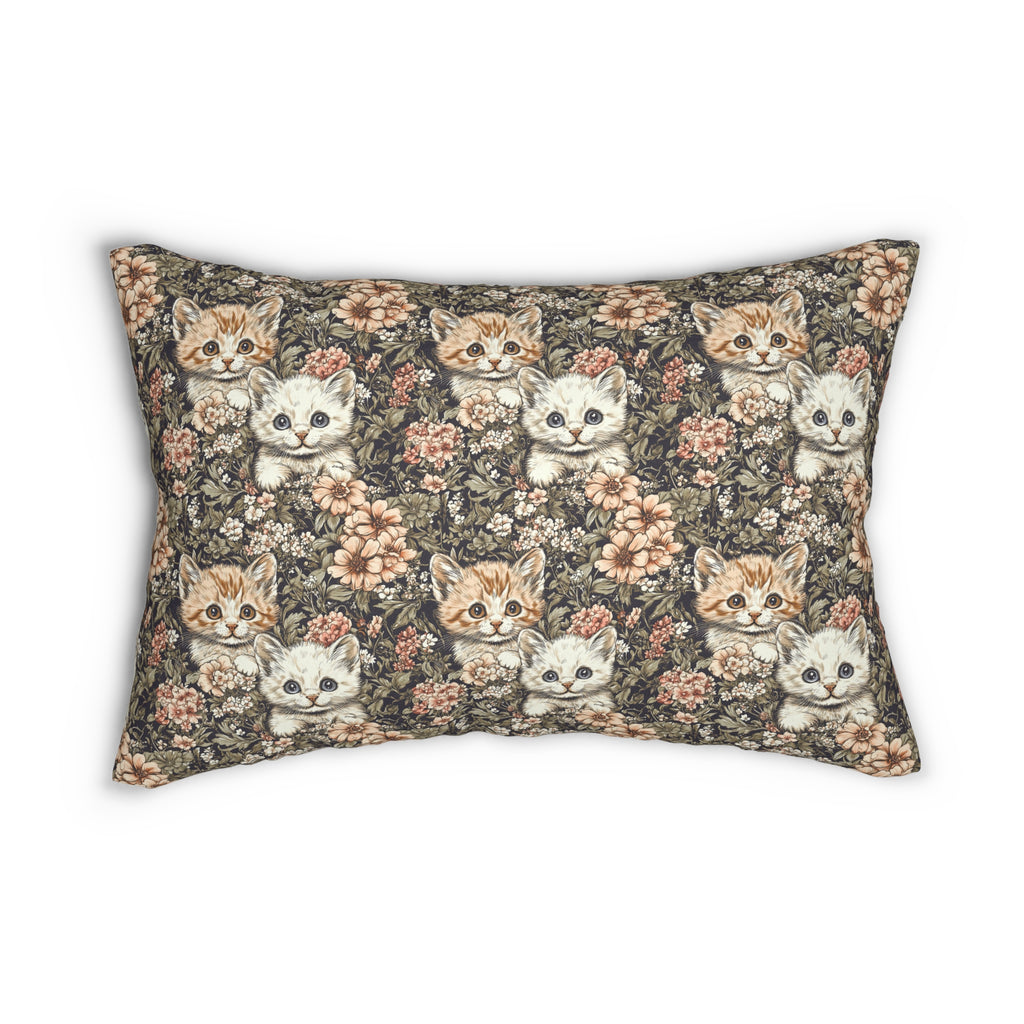 Indoor Lumbar Pillow - Peach and White Kittens in Dark Floral Garden, Vintage Style, Sweet and Charming Scene