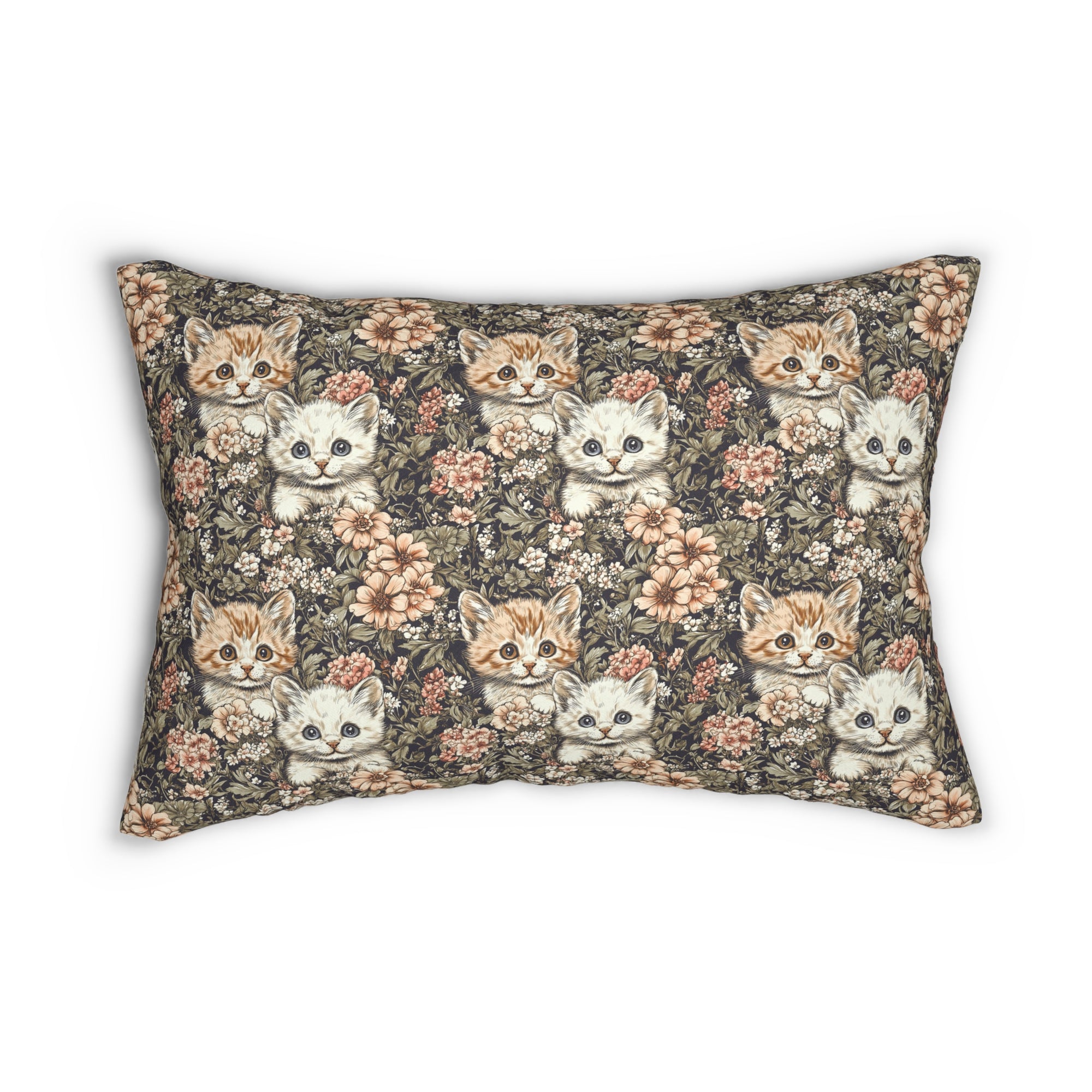 Indoor Lumbar Pillow - Peach and White Kittens in Dark Floral Garden, Vintage Style, Sweet and Charming Scene